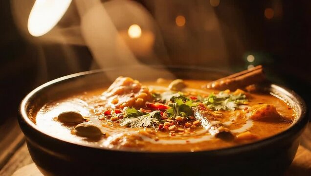 A close-up shot of a steaming bowl of delicious curry with garnish, evoking warmth and comfort