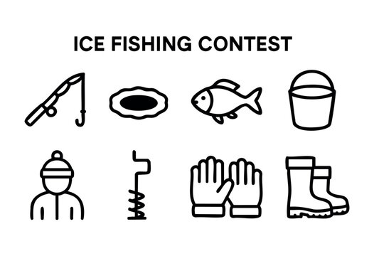 Participants gather for an ice fishing contest featuring fishing rods, gear, and competition on a frozen lake. The atmosphere is lively and filled with winter fun as they aim to catch fish.