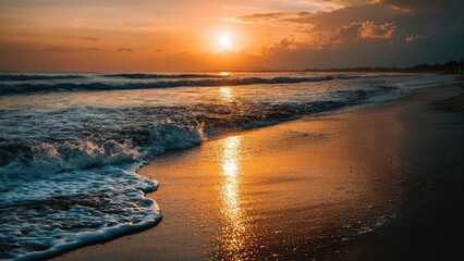 Sunset over a sandy beach with orange sky, golden reflections on the wet shore, and waves rolling in. Concept Sunset Beach Landscape, Orange Dusk Sky, Golden Sand Reflections, Waves at Sunset