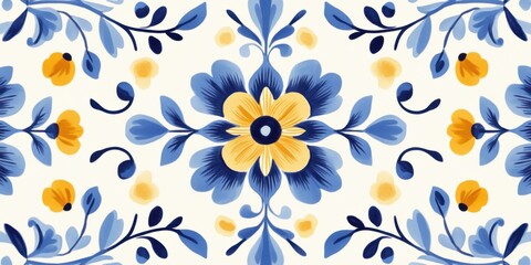 Seamless blue and yellow floral pattern with stylized flowers and leaves in ornamental traditional design. Vintage botanical repeat design for textile and wallpaper.
