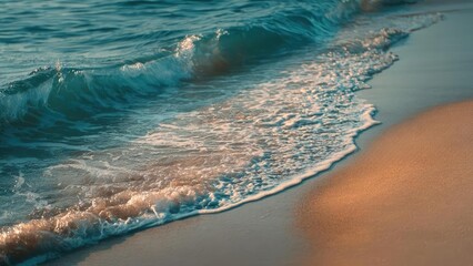 Turquoise waves wash onto a golden sandy beach, foam curling along the shore. Concept Turquoise ocean waves, Golden sandy beach, Foamy shoreline, Coastal scenery, Seaside photography
