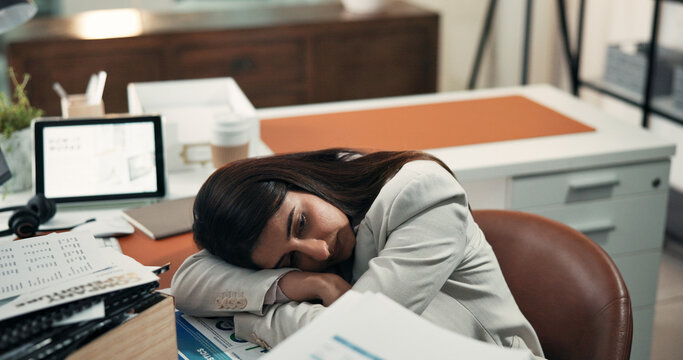 Business, woman or tired in office with burnout from data analysis stress, workload or contemplating. Thinking, analyst and overworked person in workplace with fatigue, stats review problem or issue. - Powered by Adobe