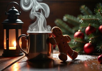 A moody holiday scene featuring a gingerbread man leaning against a steaming mug beside a candle lantern and pine branches with red baubles.