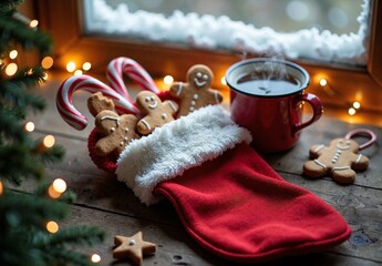 Overhead shot of red Christmas stocking filled with gingerbread cookies and candy canes beside steaming mug and fairy lights