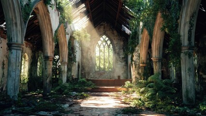 Abandoned Gothic church ruin with ivy on pillars, broken floor tiles, and sunlight streaming through a tall arched window. Concept Abandoned Gothic church ruin, Ivy-clad pillars
