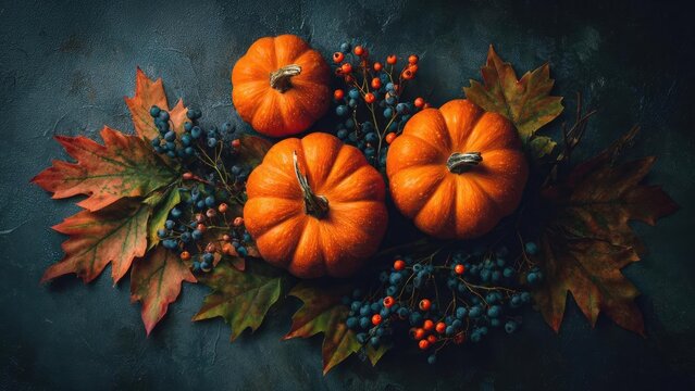 Three small orange pumpkins nestled among autumn leaves with blue and red berries on a dark textured background. Concept Autumn pumpkins, Fall leaves, Blue and red berries, Dark textured background