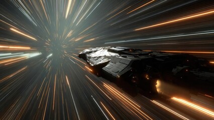 Futuristic warship speeding through a warp tunnel of streaking light in hyperspace. Concept Futuristic Warship, Warp Tunnel, Hyperspace Travel, Streaking Light Visuals, Space Warfare Imagery