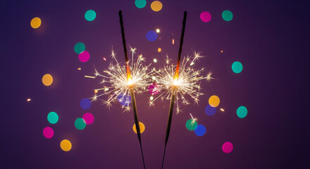 Sparkling sparklers creating a festive atmosphere against a purple backdrop with bokeh lights, perfect for celebrations and special events