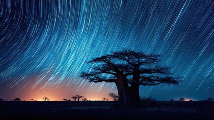 Star trails streak across the night sky above a giant baobab on the African savannah. Concept Star Trails, Giant Baobab, African Savannah, Night Sky Photography, Long Exposure