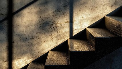 Diamond-plate metal stairs against a textured concrete wall, lit in warm light with long diagonal shadows. Concept Industrial staircase photography, Diamond-plate texture, Warm lighting
