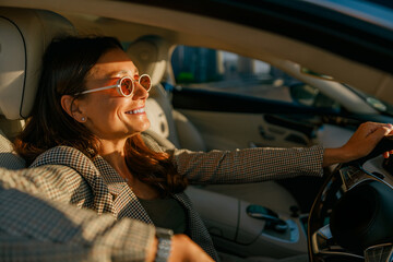 Woman poised at wheel in city, confident expression and sunglasses reflect determined morning commute, sleek interior and skyline