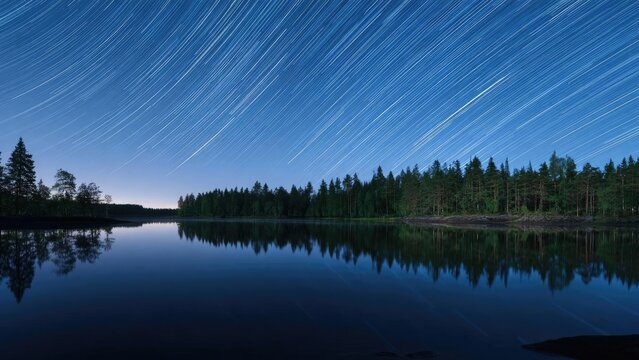 Long-exposure night scene of star trails above a calm lake with a forest reflected in the water. Concept Star Trails Over Lake, Night Sky Photography, Forest Reflections, Long Exposure Landscape - Powered by Adobe