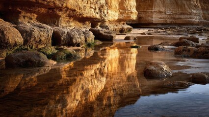 Sunlit cliffs reflect in a still tidal pool among mossy rocks on a quiet beach. Concept Coastal Scenery, Tide Pool Reflections, Mossy Rock Formations, Sunlit Beach Landscape, Tranquil Seaside Moment