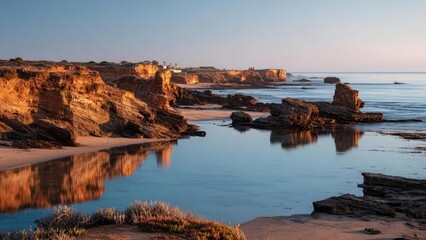 Sunset over a rugged rocky coastline with calm water and tidal pools reflecting the sky. Concept Sunset Coastline, Rugged Rocks and Calm Water, Tidal Pool Reflections, Golden Hour Seascape