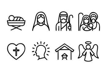 Various simple line icons depict elements of the Nativity scene, including Mary, Joseph, Jesus, a shepherd, and angel, illustrating the Christmas story and themes of faith.
