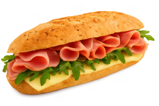 fresh ham and cheese sandwich on a rustic baguette with arugula and melted cheese, isolated on a transparent PNG background for easy use in food design, advertising, or menu graphics