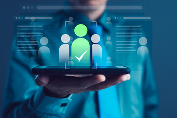 Businessman Holding Smartphone with Digital Candidate Selection Interface for Recruitment, HR Technology, and Talent Acquisition Strategy