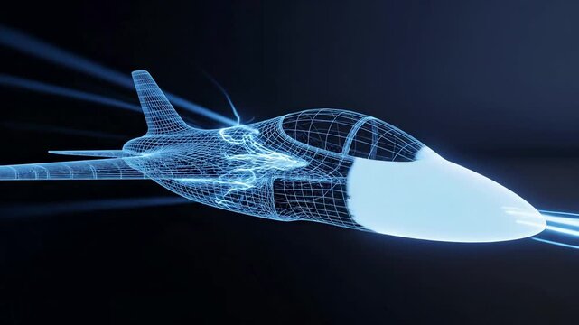 Futuristic aircraft design with digital wireframe visualization and aerodynamic airflow simulation. Advanced aerospace engineering, aviation technology concept, computational prototype development,