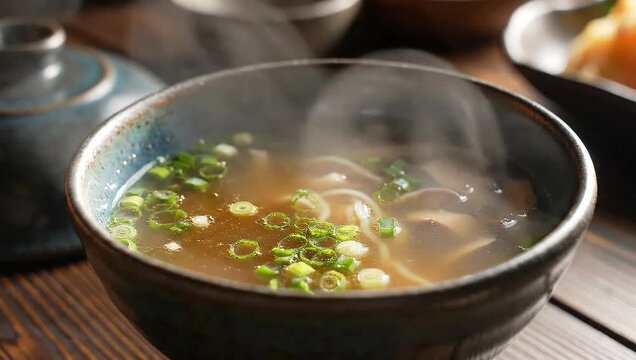 A steaming bowl of delicious soup. The broth is rich, the garnishes vibrant, and the steam adds a sense of warmth and comfort