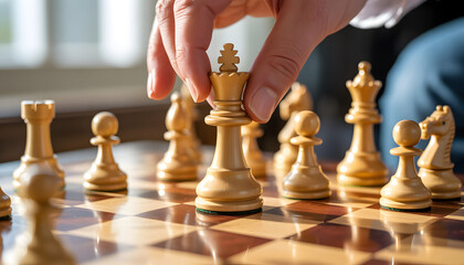 Strategic Maneuvers: A close-up shot of a hand moving a king chess piece on a chessboard, symbolizing strategic thinking, planning, and intellectual engagement.