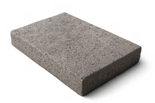 Concrete paver block with textured gray surface, a single building material element for construction and landscaping, isolated on transparent background