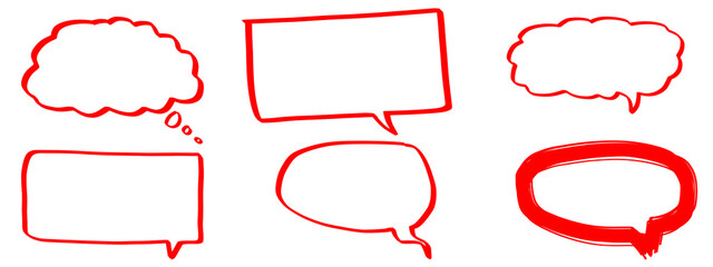 hand drawn comic cartoon graphic symbols illustration - set collection of red speech bubble, thought balloon, cloud, talk boxes, communication doodle, template, isolated on transparent background png