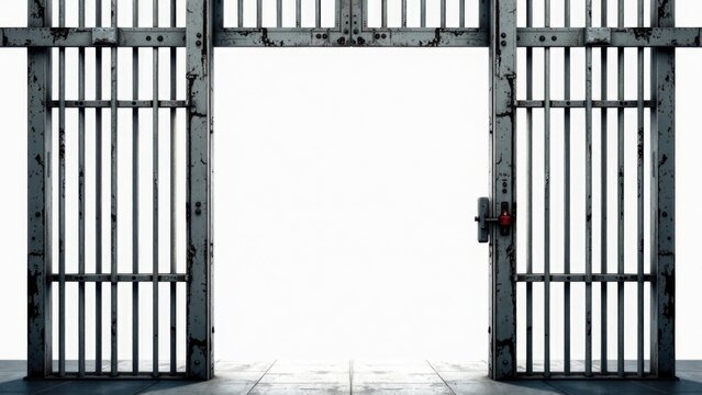 A jail cell door is open with a white background, suitable for use in scenarios where confinement or release are relevant