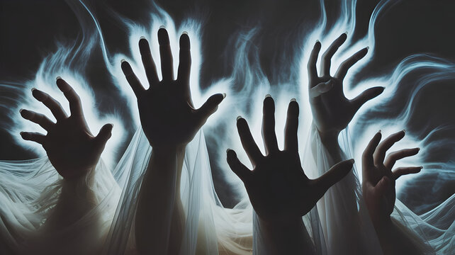 Ethereal hands reach out from the darkness, illuminated by ghostly light, creating a haunting and mysterious atmosphere that evokes fear and intrigue