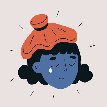 Cartoon vector illustration of a woman crying with a hot water bottle on her head, symbolizing illness and discomfort