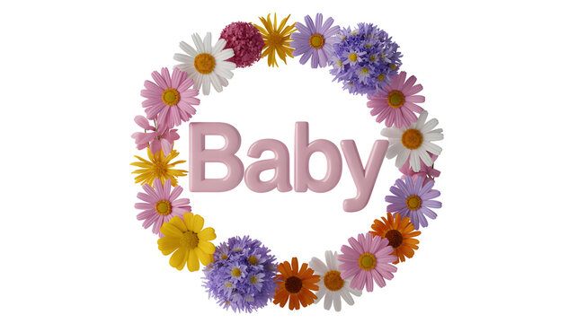 Celebrate New Beginnings with a Floral Baby Announcement Design, Perfect for Showers and Nursery Decor with Pink Text and a Colorful Flower Wreath - Powered by Adobe