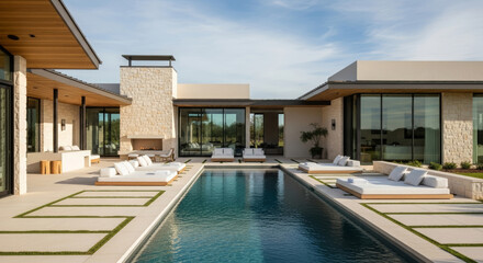 Obraz premium Stunning Modern Home Exterior With Large Swimming Pool, Stone Fireplace, and Elegant Outdoor Lounge Area