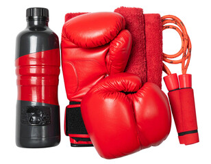  Minimal Red Boxing Gloves with Gym Equipment and Water Bottle PNG