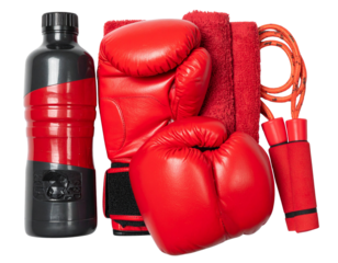 Minimal Red Boxing Gloves with Gym Equipment and Water Bottle PNG