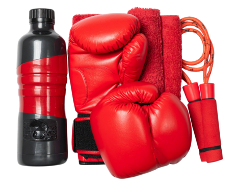  Minimal Red Boxing Gloves with Gym Equipment and Water Bottle PNG