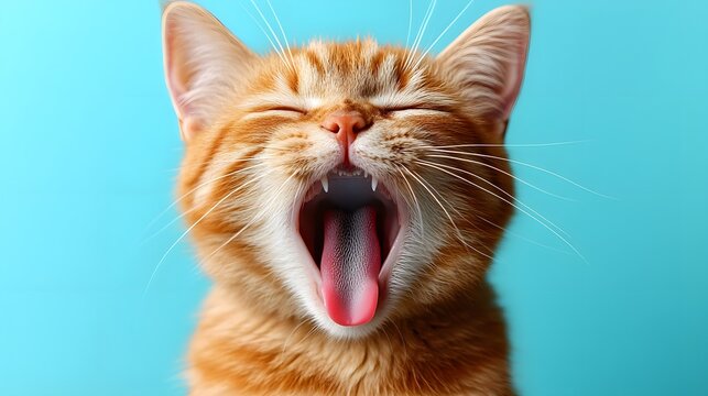Cute orange cat yawning against a bright blue background in a playful moment of relaxation