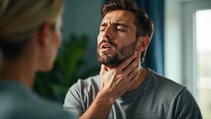 Fototapeta premium A person experiencing discomfort due to a neck sore, suitable for medical or health-related uses
