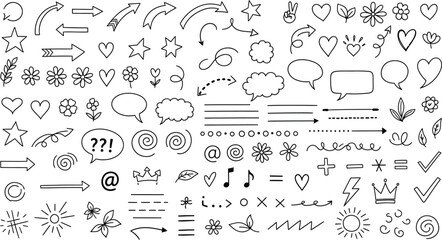 Hand Drawn Doodles Collection Arrows, Hearts, Stars, Flowers, Crown on Transparent Background