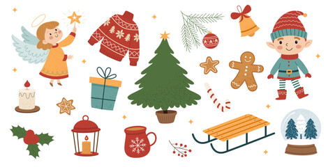 Christmas vector set with angel, elf, gingerbread, Christmas tree, gifts and winter holiday elements in cozy flat style.