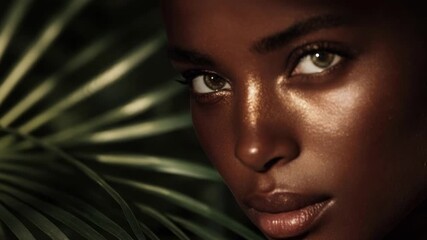 Close-up of a dark-skinned woman with glowing skin and intense eyes, framed by tropical leaves.
