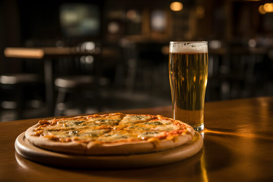 Pizza and Beer Delight: A delicious, freshly baked pizza sits alongside a tall glass of beer on a wooden table, creating a perfect pairing and inviting the viewer to indulge.