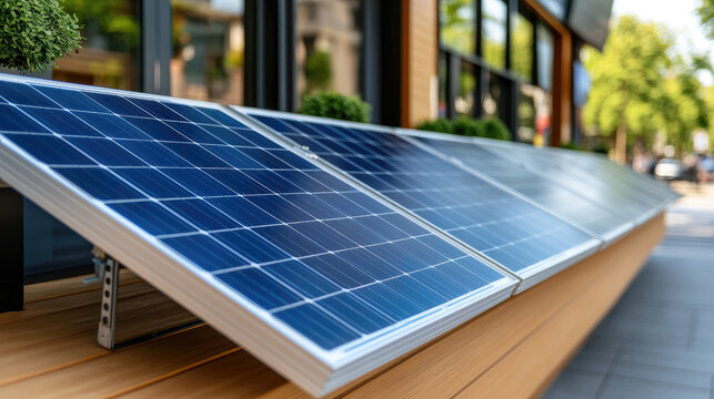 modern hardware store with solar panels display and renewable energy products for construction, eco friendly building concept with copy space