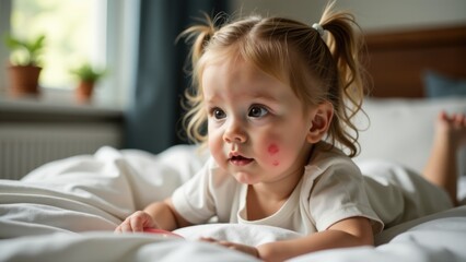 A young child resting on a bed, possibly after illness or nap