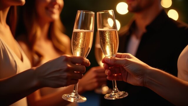 A group of people holding glasses of champagne, celebrating and having fun