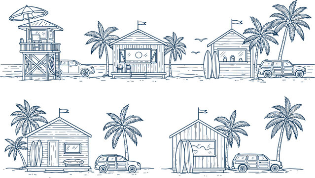 Beach huts, lifeguard tower, surfboards, palm trees, coastal cars, tropical scene, seaside leisure, summer vibe, flat vector illustration - Powered by Adobe