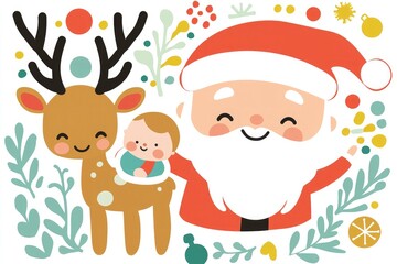 Fototapeta premium Cute Christmas illustration featuring Santa Claus, reindeer, and baby in flat vector style for holiday greetings and festive decorations