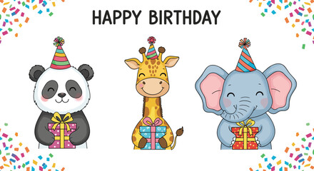 Birthday animal illustration, panda giraffe elephant, party hats, gift boxes, confetti background, festive greeting, child-friendly style, flat vector