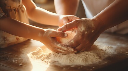Baking with child, hands kneading dough together.