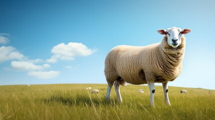 Obraz premium Sheep grazing in a lush green pasture under blue sky.