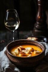 Creamy pumpkin soup with croutons and wine on rustic table  