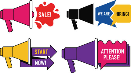 Announce sales, hiring, or events with colorful megaphone graphics